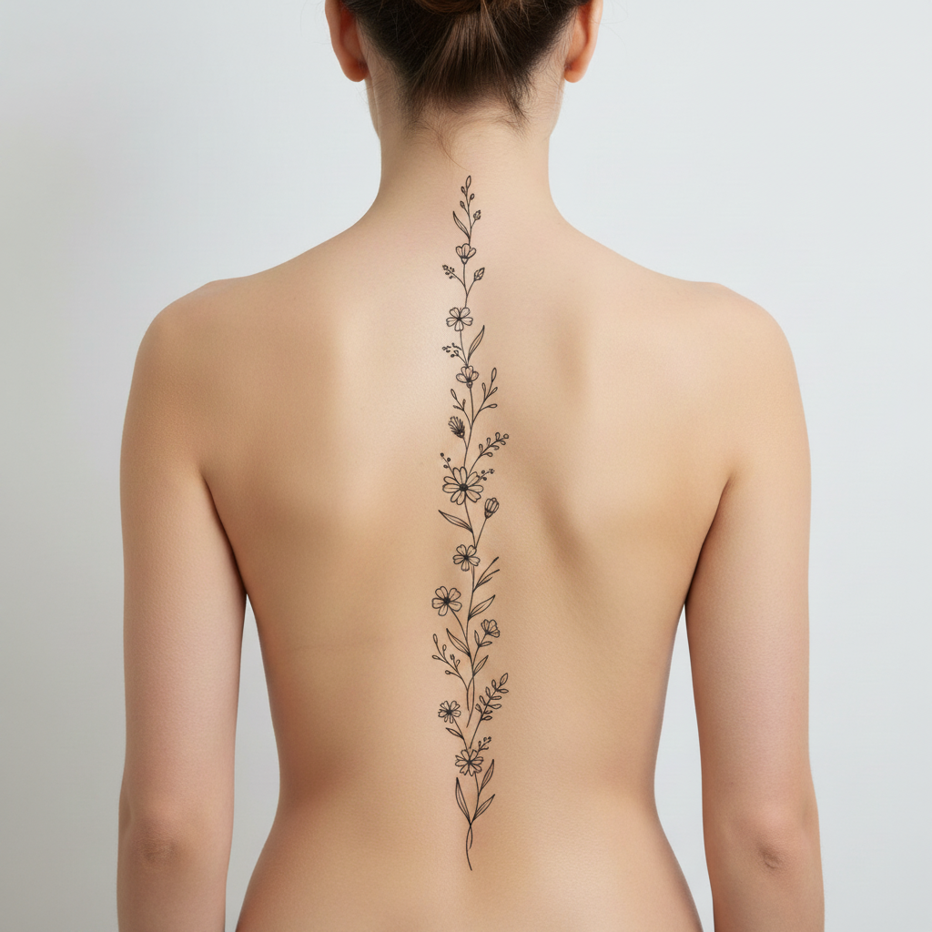 Same back with fine-line spine tattoo of wildflowers running from neck to lower back