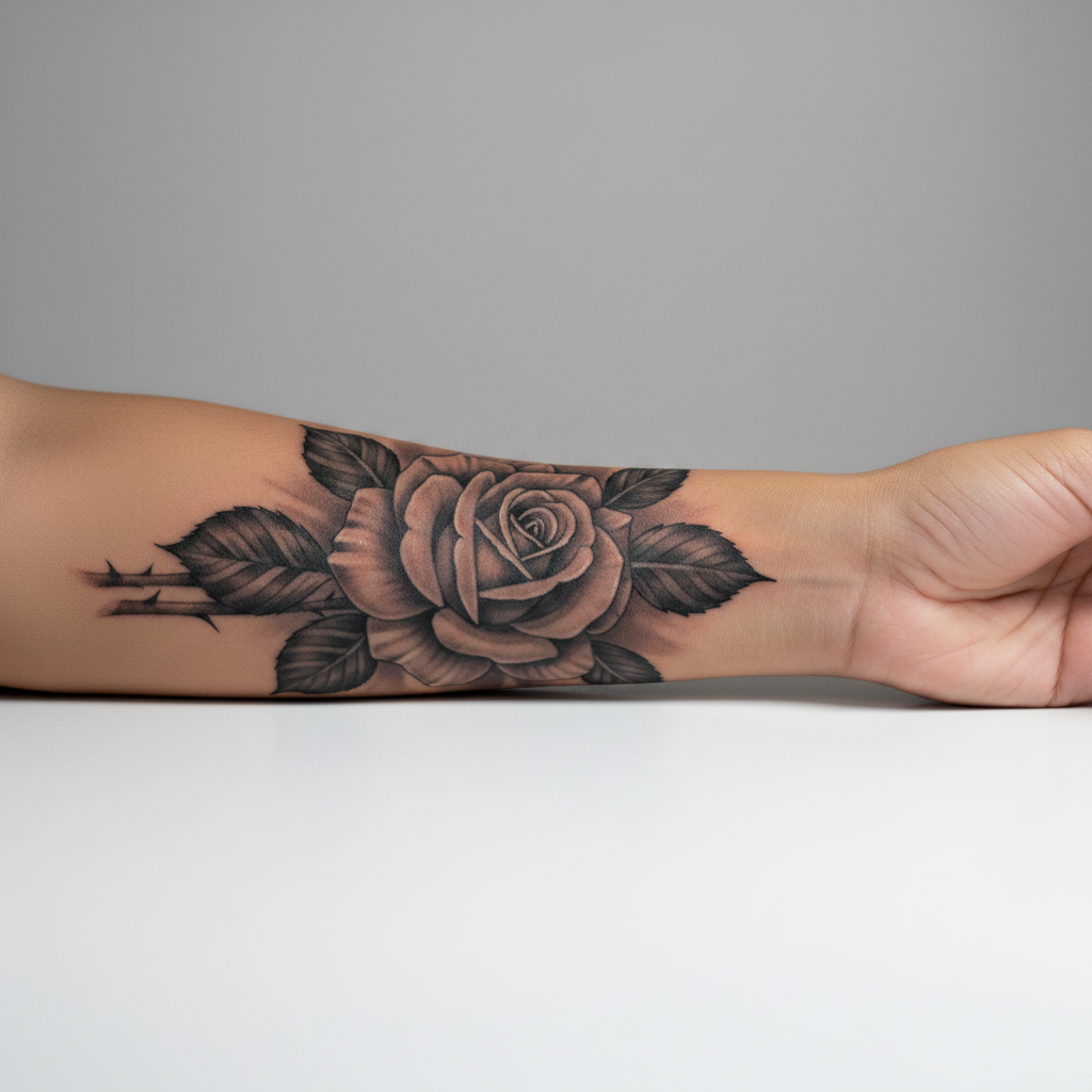 Same forearm with realistic black and grey rose tattoo