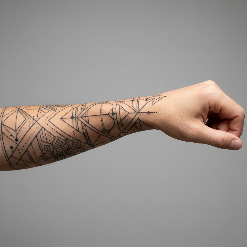 Forearm with geometric fine-line sleeve tattoo from wrist to elbow