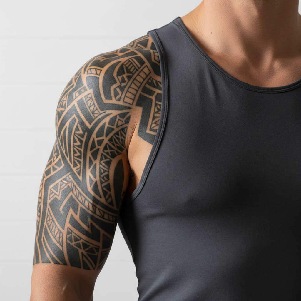 Shoulder with bold tribal tattoo wrapping around deltoid and flowing down upper arm