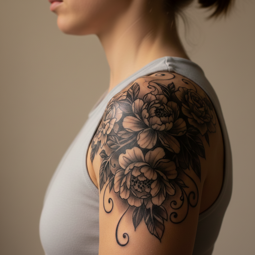 Shoulder with black and grey floral tattoo centered on the shoulder cap