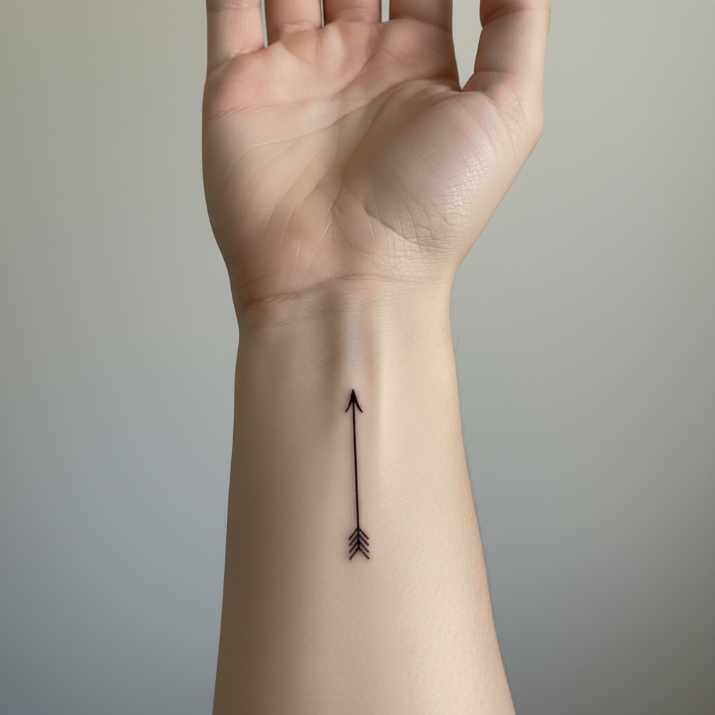 Inner wrist with small fine-line arrow tattoo pointing toward elbow