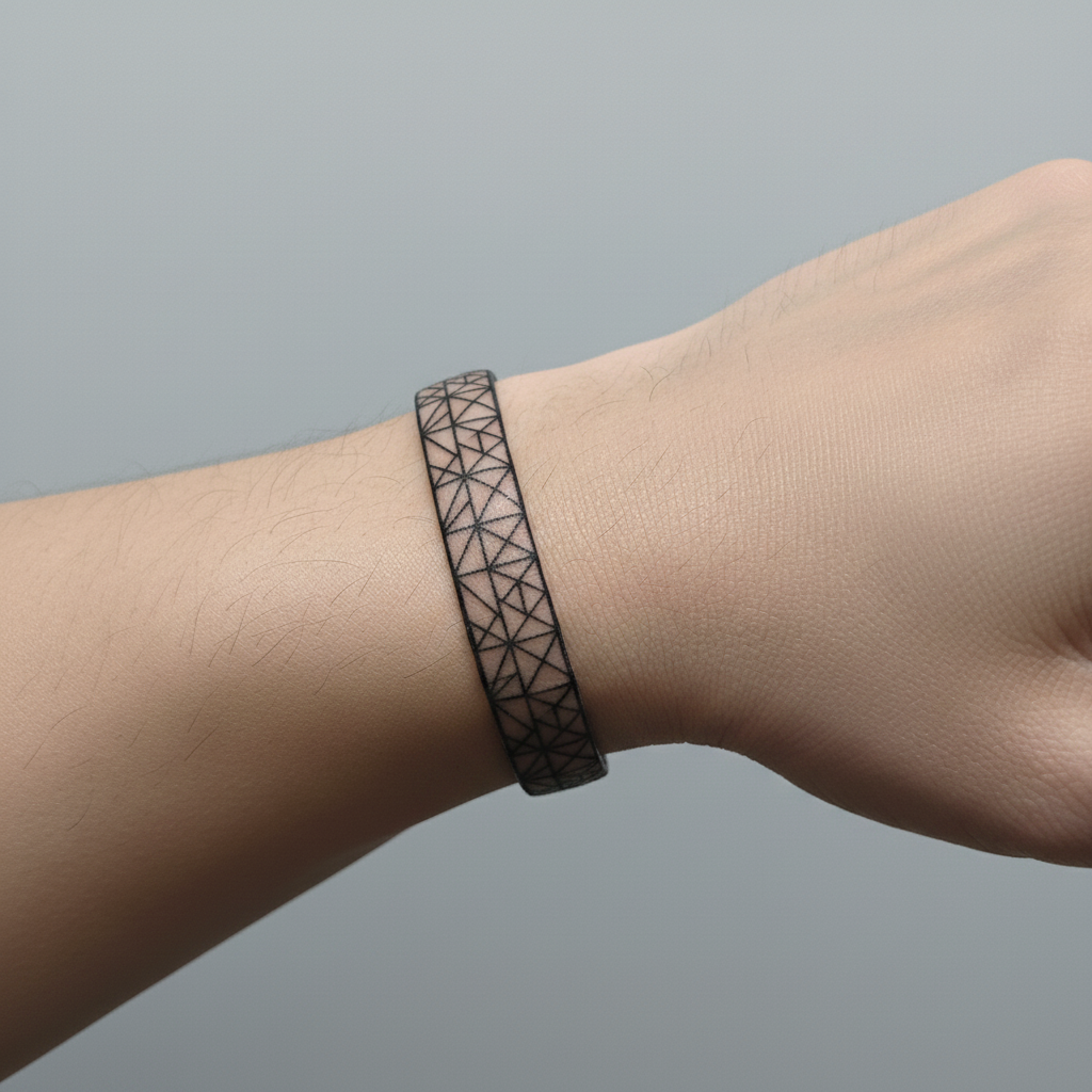 Wrist with thin geometric band tattoo wrapping all the way around