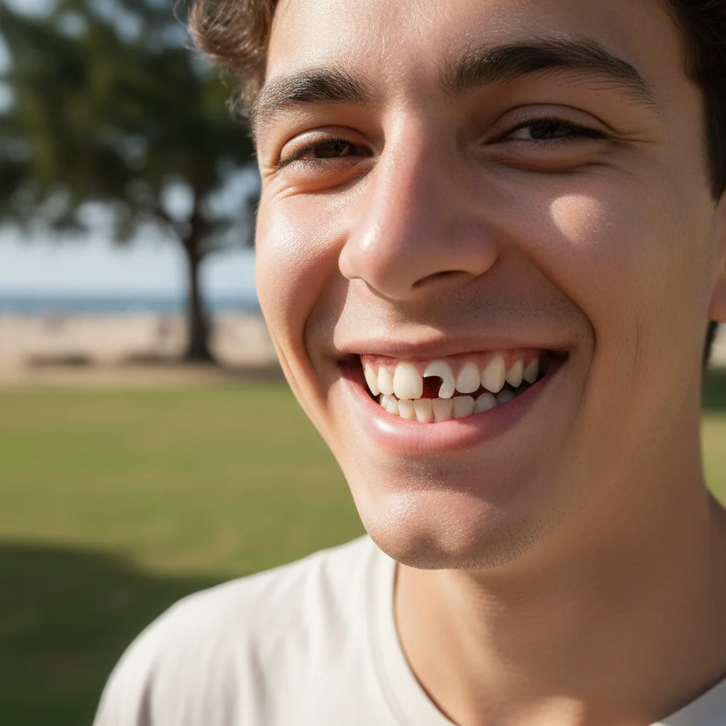 Selfie showing gap between front teeth and slight crookedness