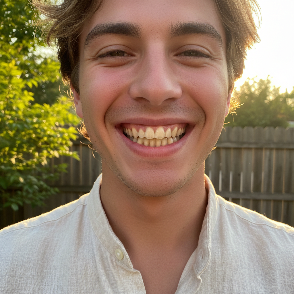 Man in suit with dull yellowish teeth