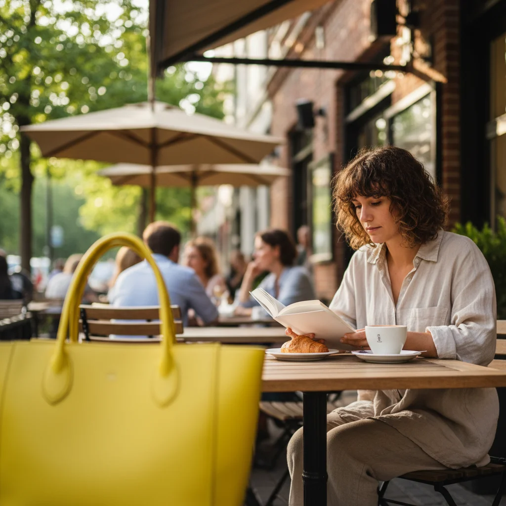 Café scene with bright yellow bag at edge