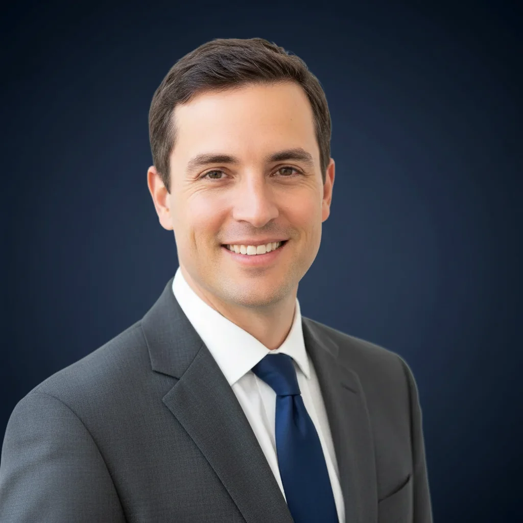 Speaker headshot with dark professional brand background