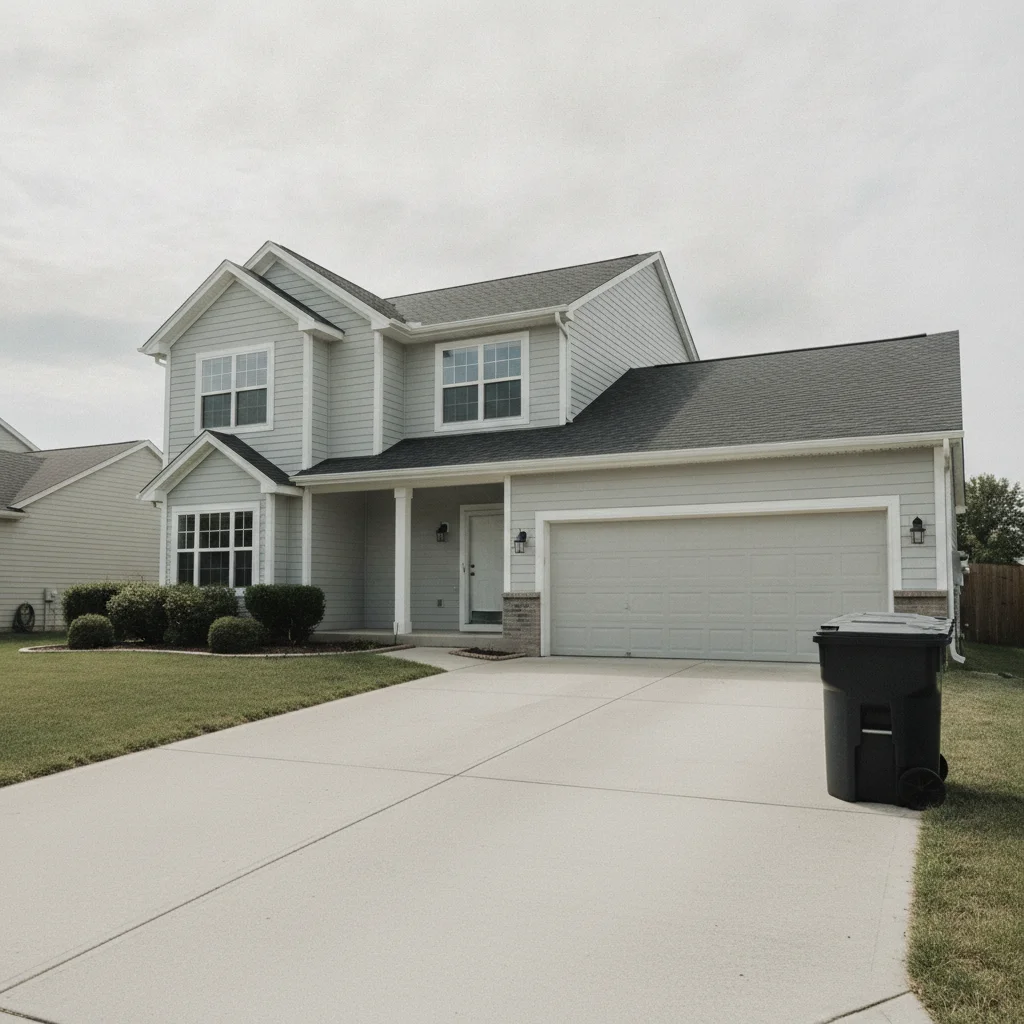 Front of suburban house with large black wheelie bin in driveway