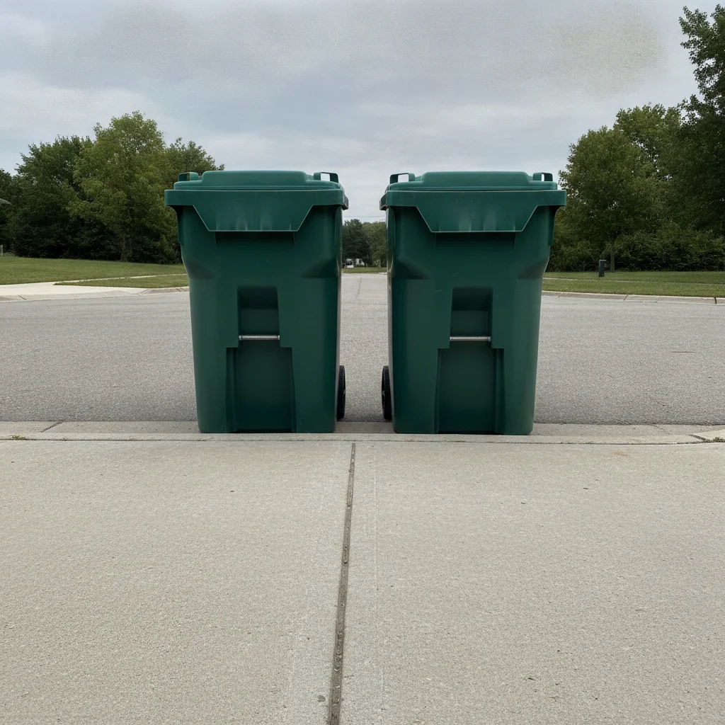 Residential sidewalk with two large green trash cans at the kerb