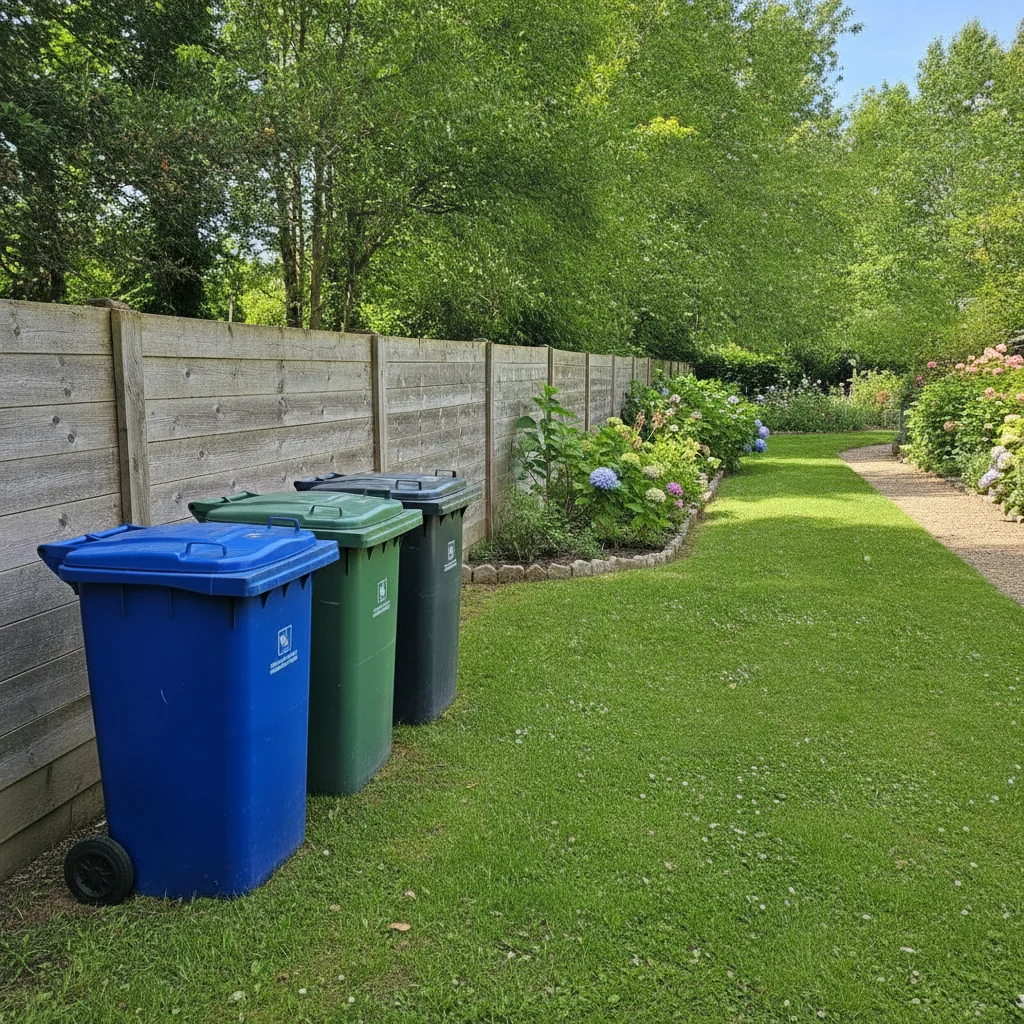 Garden photo with three coloured recycling bins along the left fence