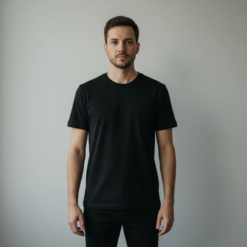 Man wearing a plain black t-shirt