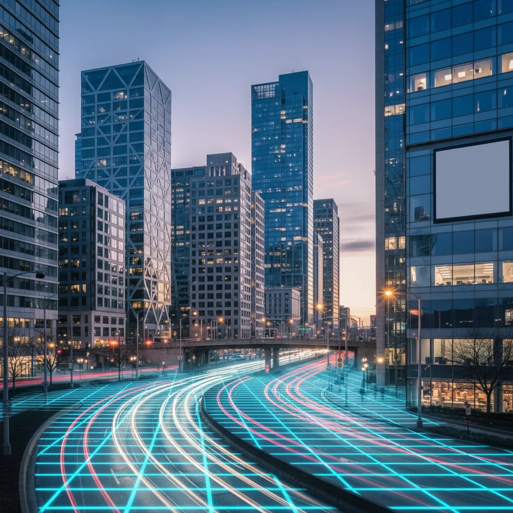 Vaporwave cityscape with cyan and magenta neon grid