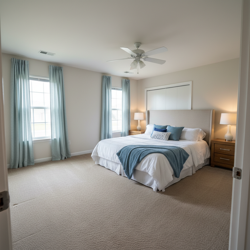 Same bedroom staged with queen bed, white bedding, nightstands, lamps, and throw blanket