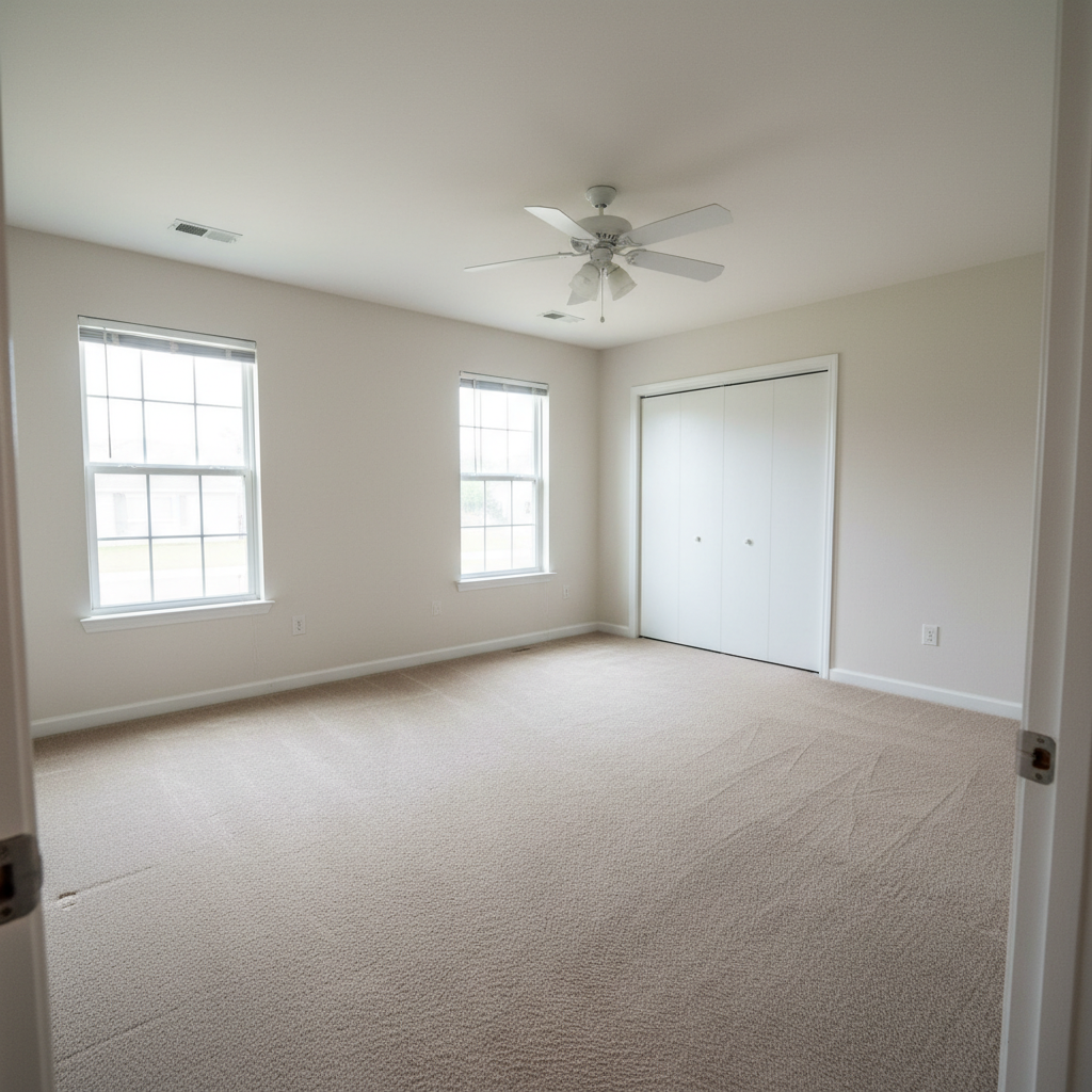Completely empty bedroom with beige carpet and bare white walls