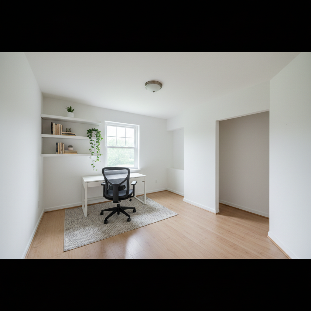 Condo staged with compact sofa, console table, and dining set