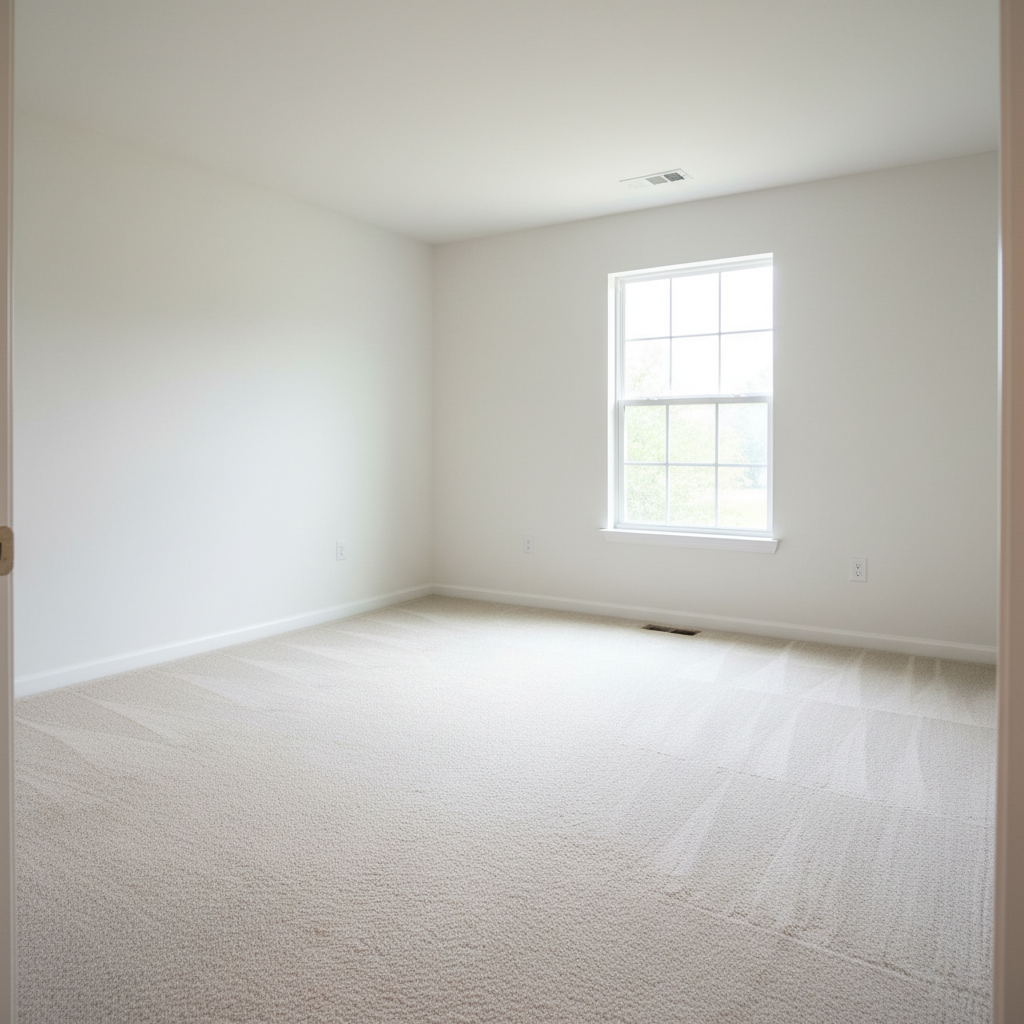 Empty vacant bedroom with white walls and carpet