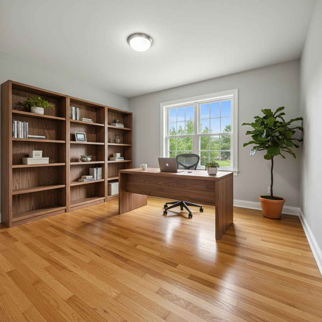Same room staged as home office with walnut desk and bookshelf
