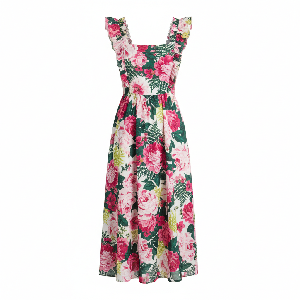 Product photo of a floral midi dress on white background