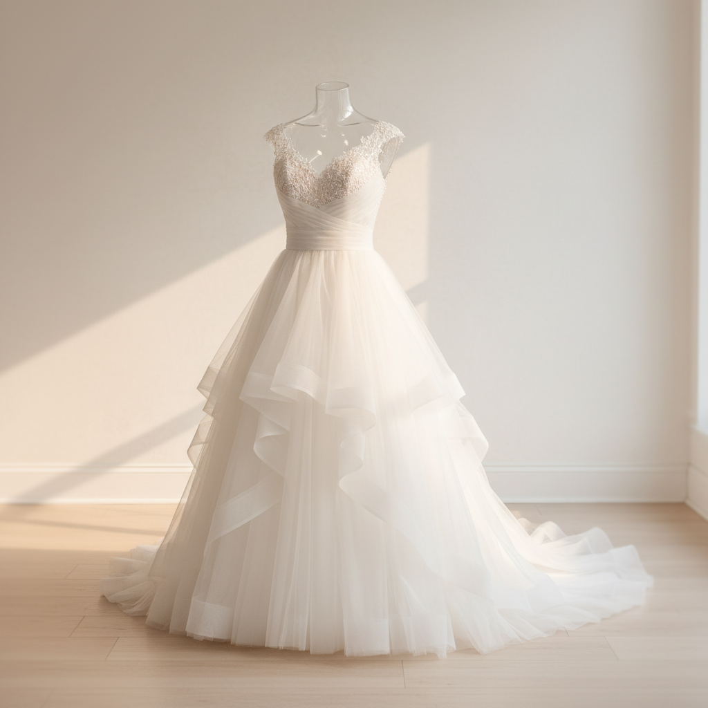 Bridal boutique product photo of an A-line lace wedding gown on plain background