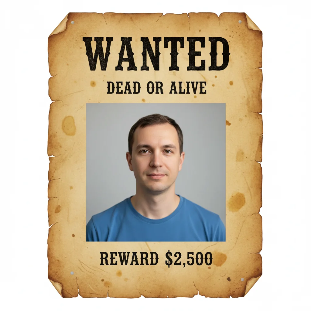Same photo transformed into an aged Wild West wanted poster with WANTED typography and parchment background