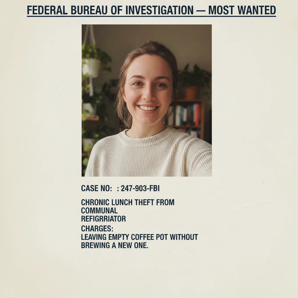 Same photo styled as an FBI Most Wanted bulletin with official header, case number, and absurd charges