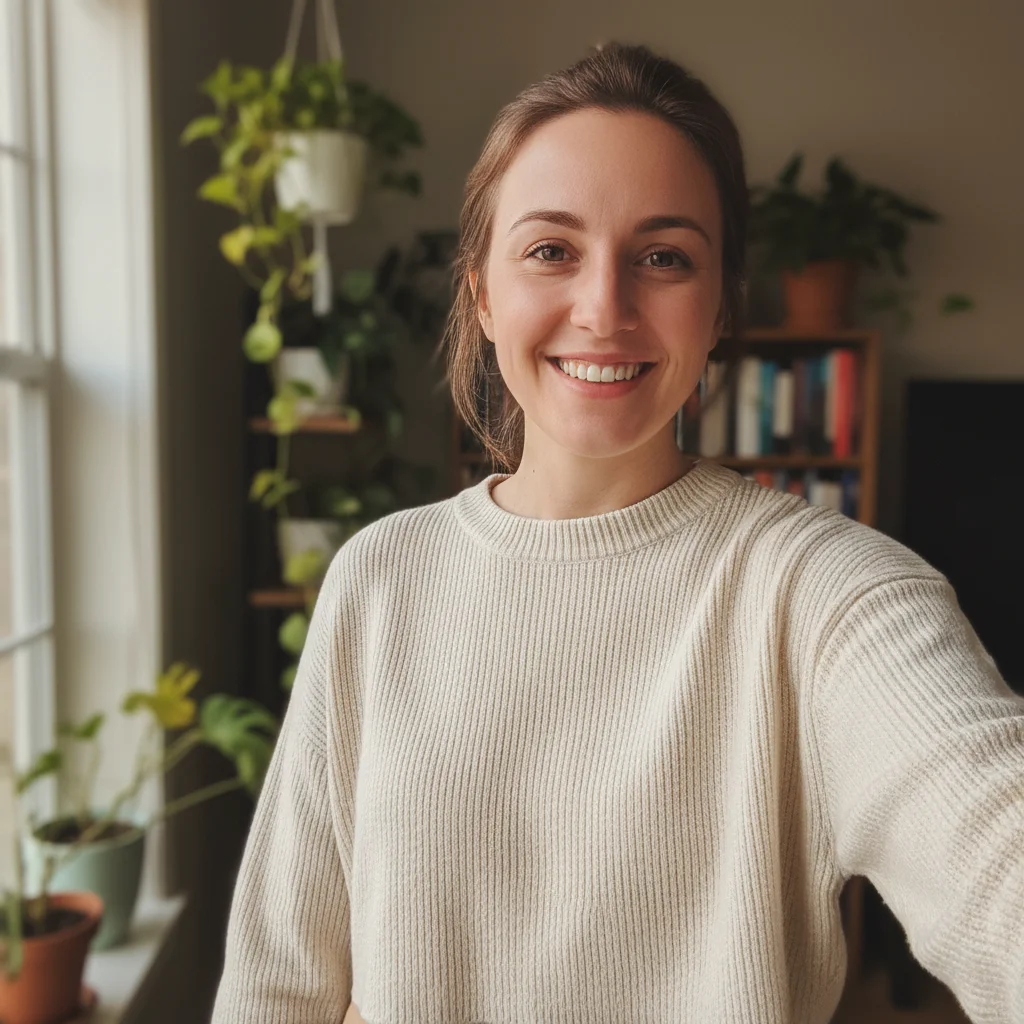 Casual indoor selfie of a woman smiling near a window