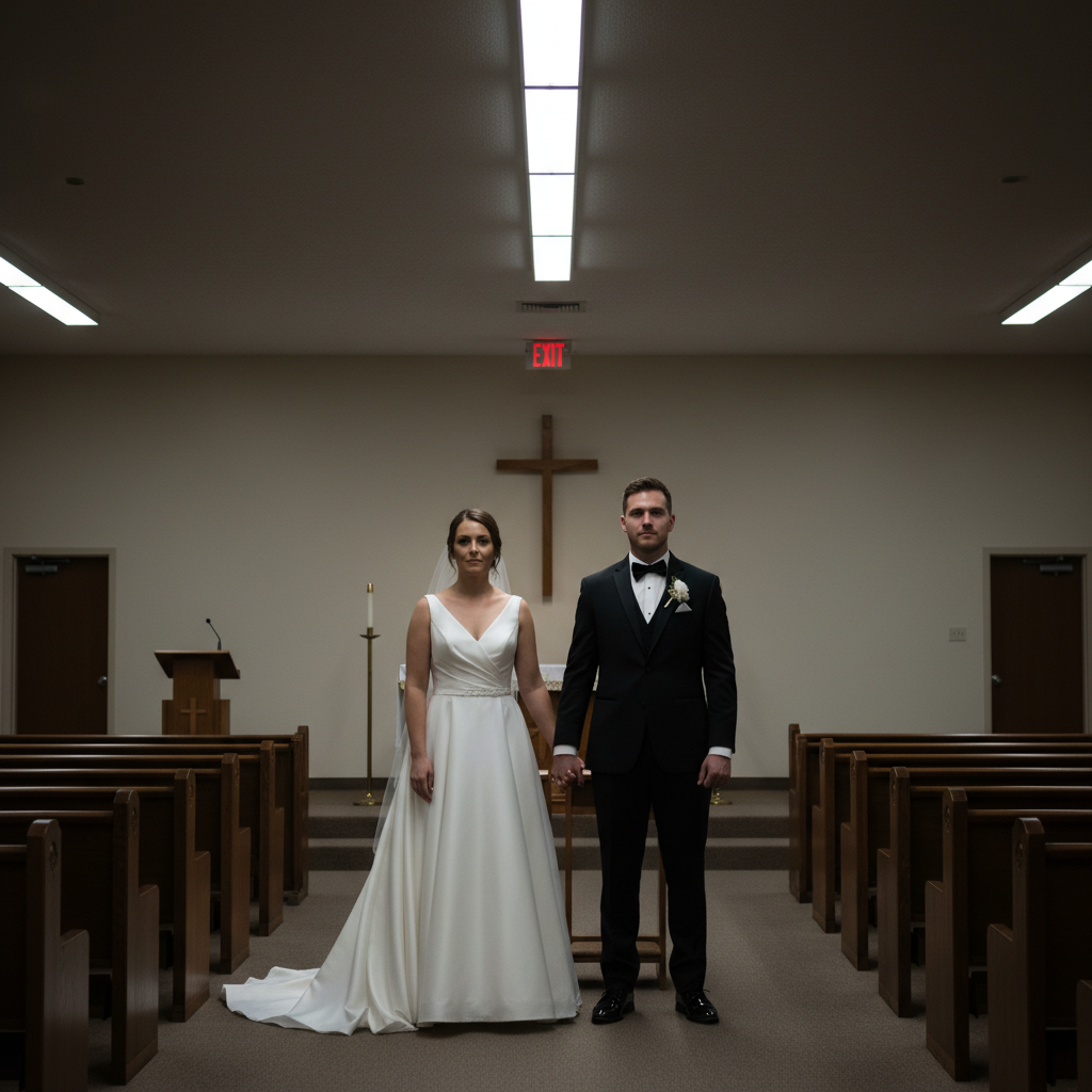 Wedding ceremony photo with harsh shadows and visible exit sign