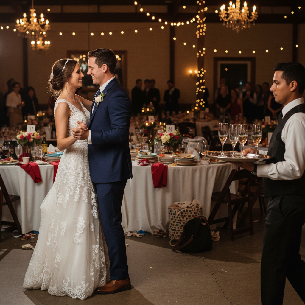 First dance photo with waiter and cluttered background visible