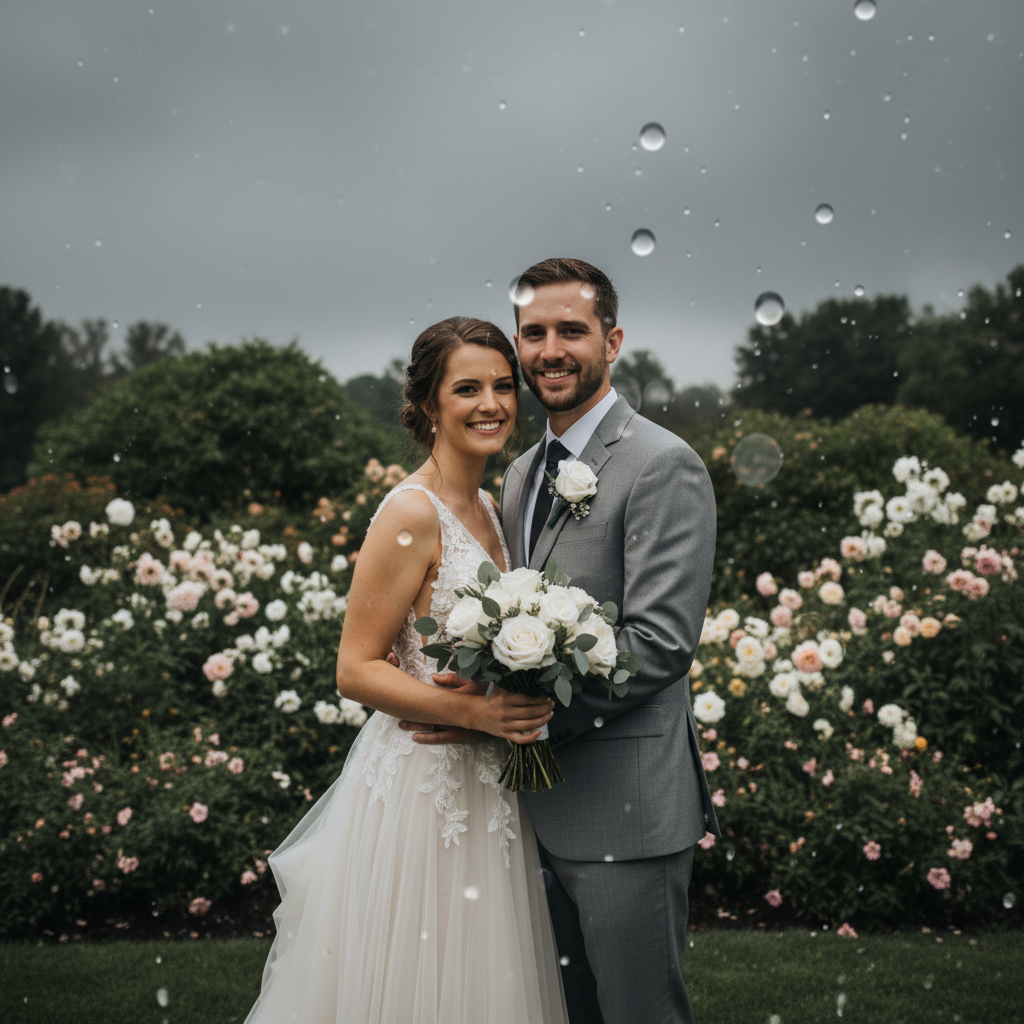 Outdoor wedding portrait with rain spots and overcast sky