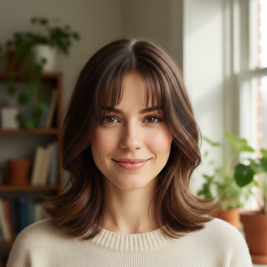 Same woman wearing a voluminous curly brown wig