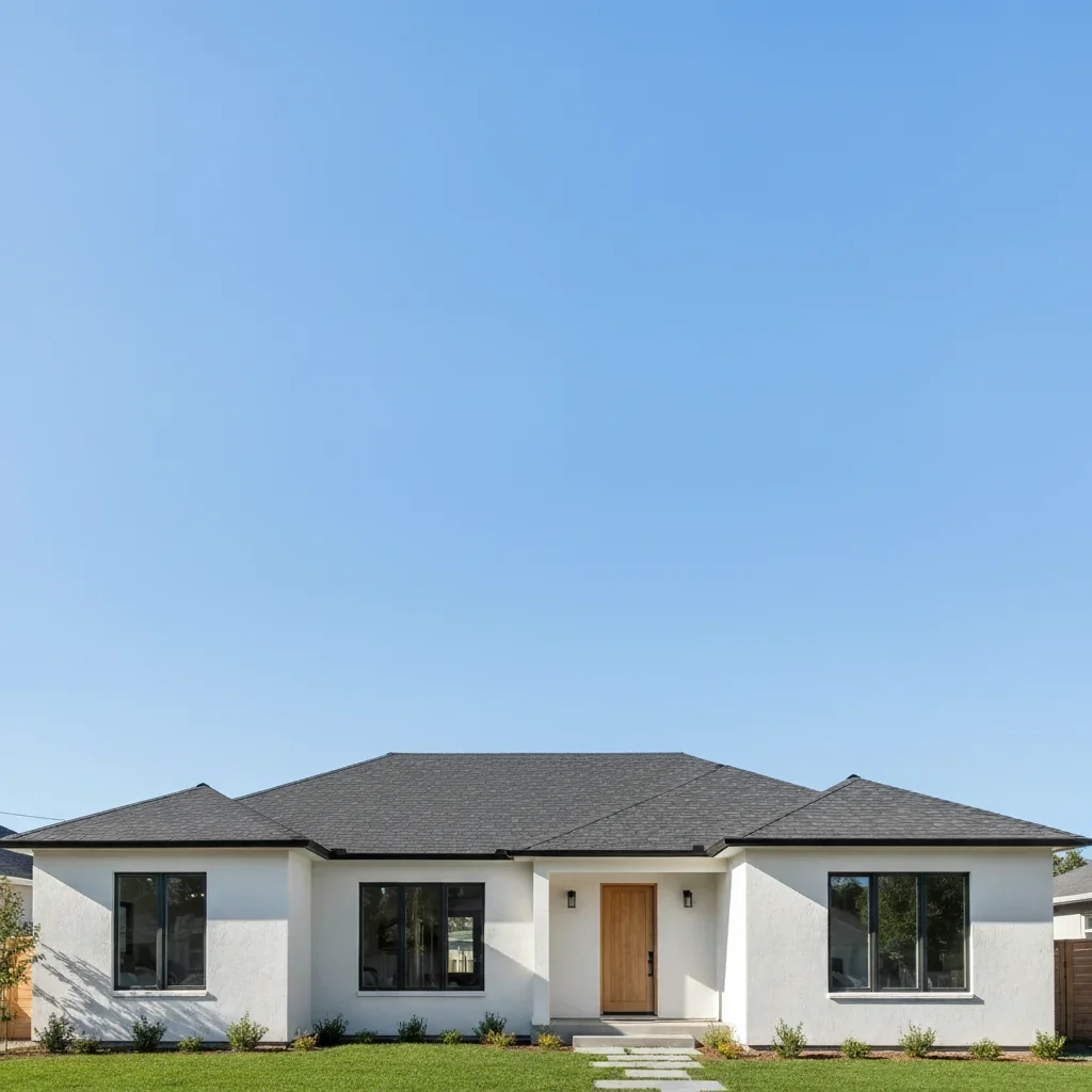 Same house with clean uninterrupted blue sky, no wire visible