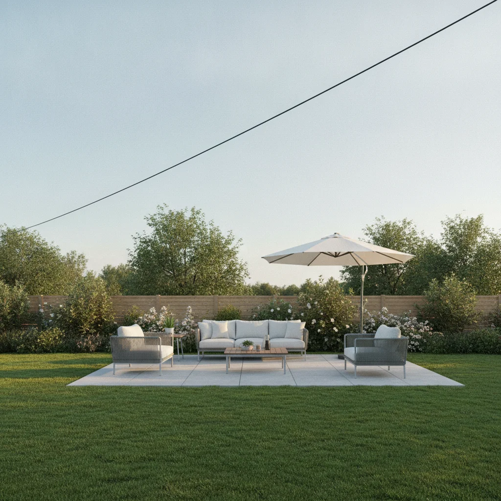 Backyard with patio furniture and telephone wire cutting diagonally across the sky