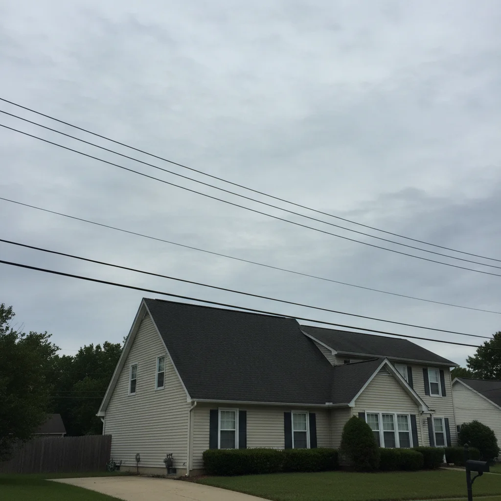 Two-story house exterior with three horizontal utility wires above the roofline