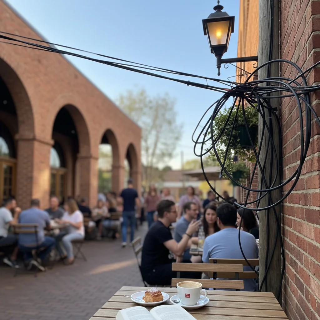 Brick building with electrical wires crossing the facade