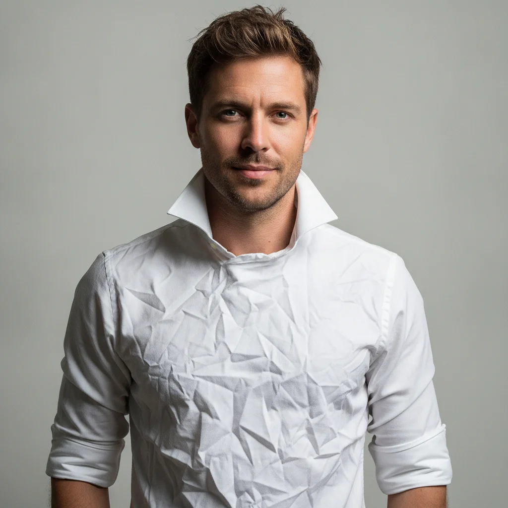 Man in heavily wrinkled white dress shirt with visible fold lines across chest