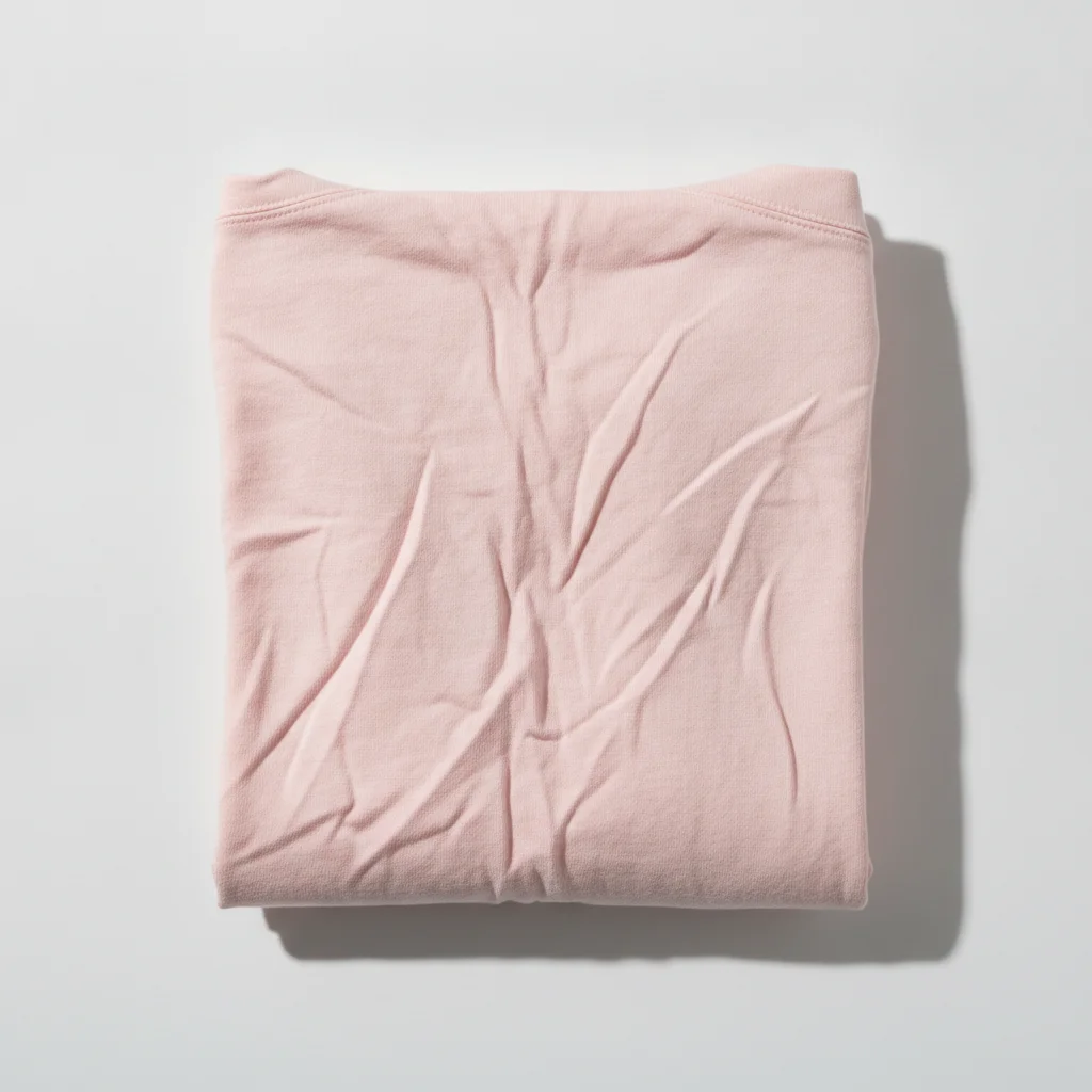 Pink cotton blouse flat-lay with heavy fold lines and wrinkles