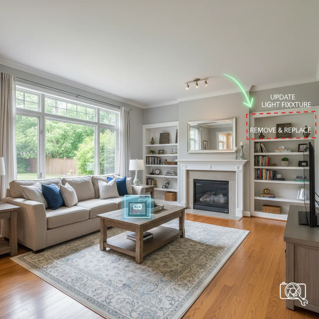 Dark living room with single overhead light and harsh shadows