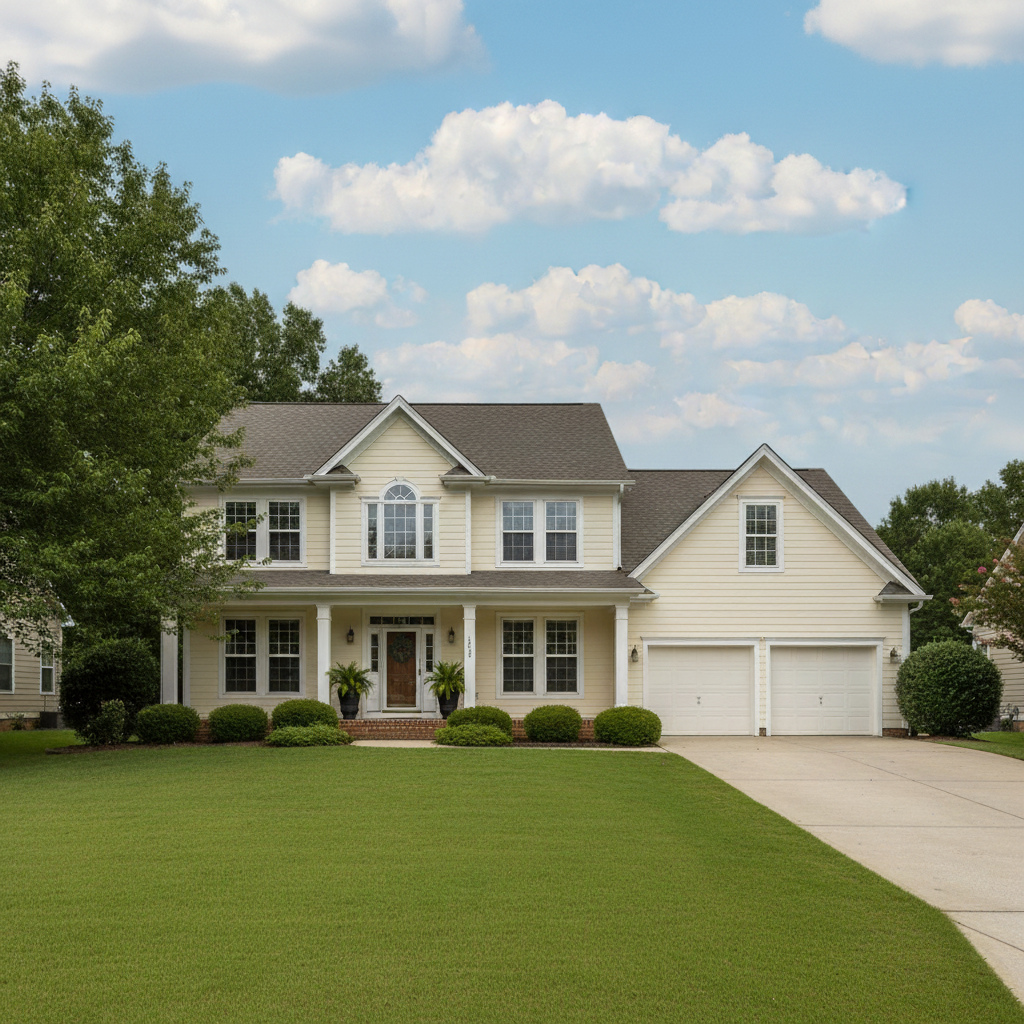 Same house with blue sky and soft clouds, landscaping unchanged