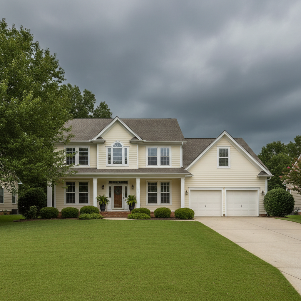 Cream house with flat grey overcast sky