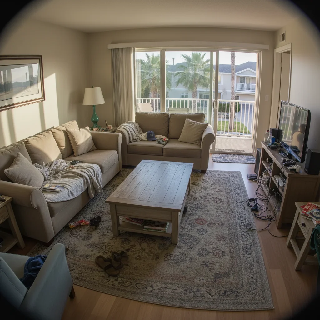 Same living room clean and staged, looking inviting