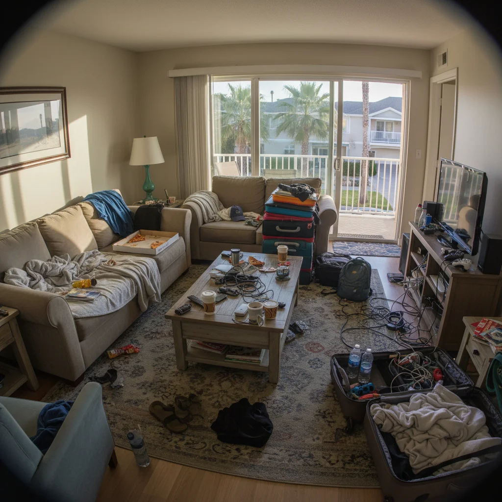 Living room with magazines, blankets, and personal items scattered