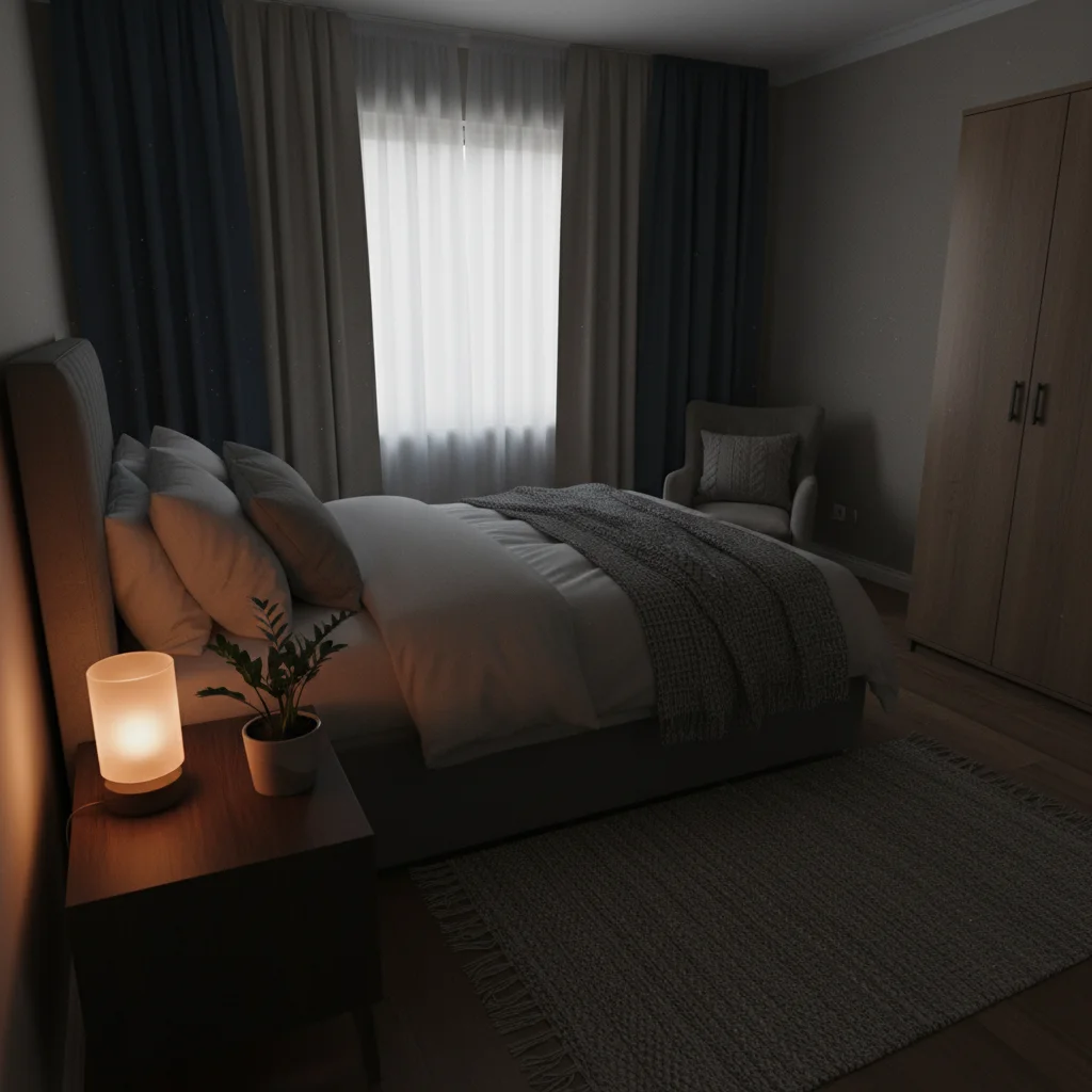 Dim bedroom with shadows in corners