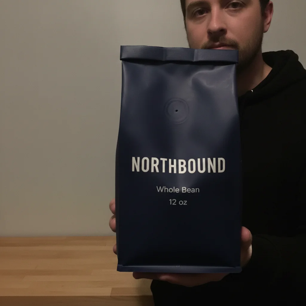 The same man and coffee bag in a tidy setting under even neutral light, the bag wording legible