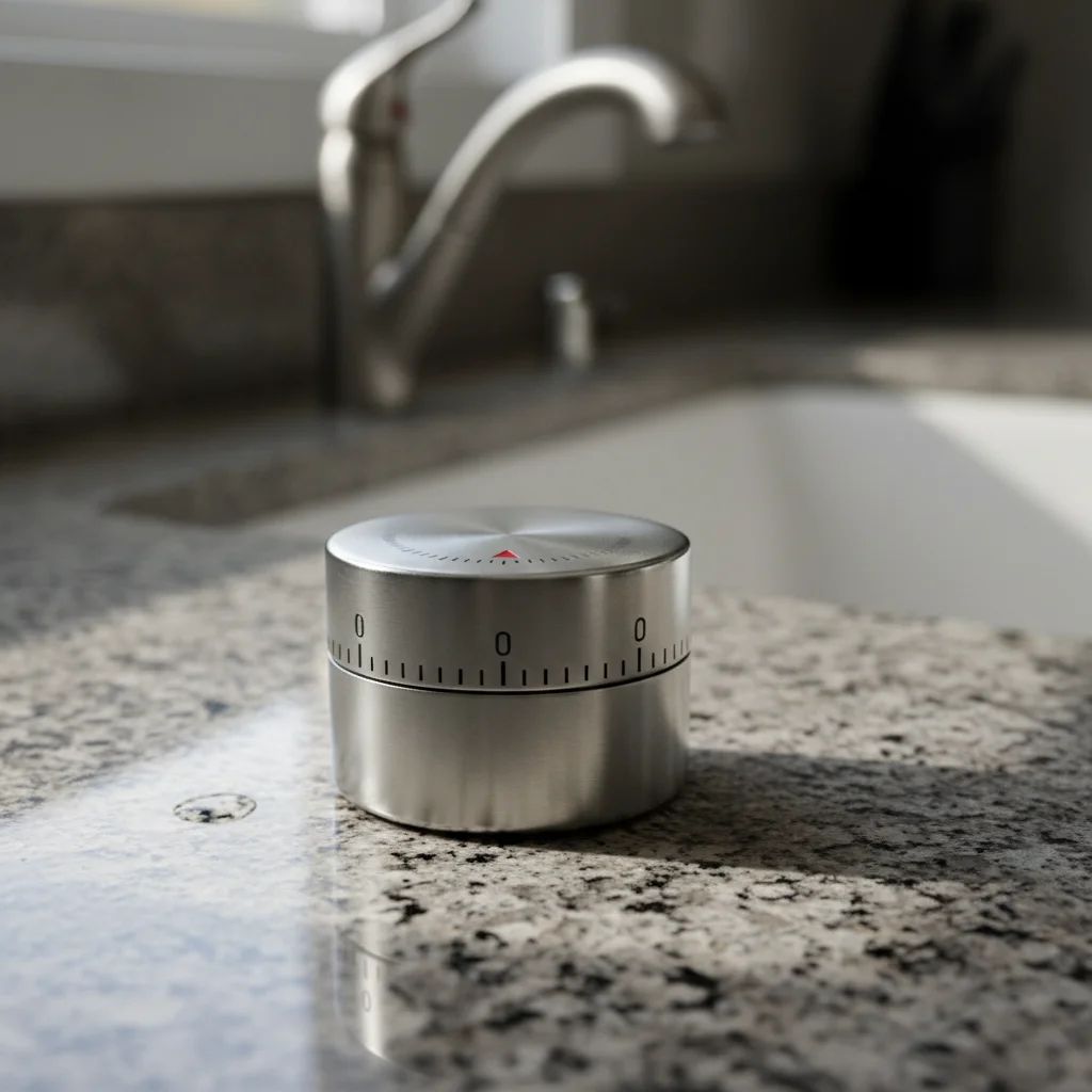 Kitchen timer on granite countertop with cluttered background