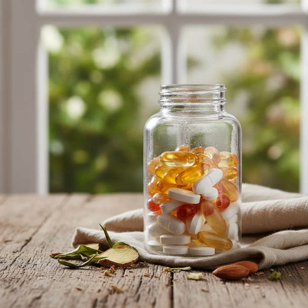 Clear glass bottle on cluttered desk showing pills inside