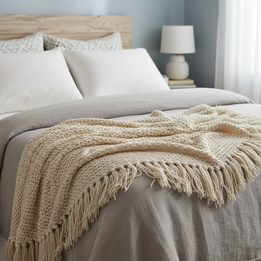 Cotton blanket on dark bedspread with bedroom background