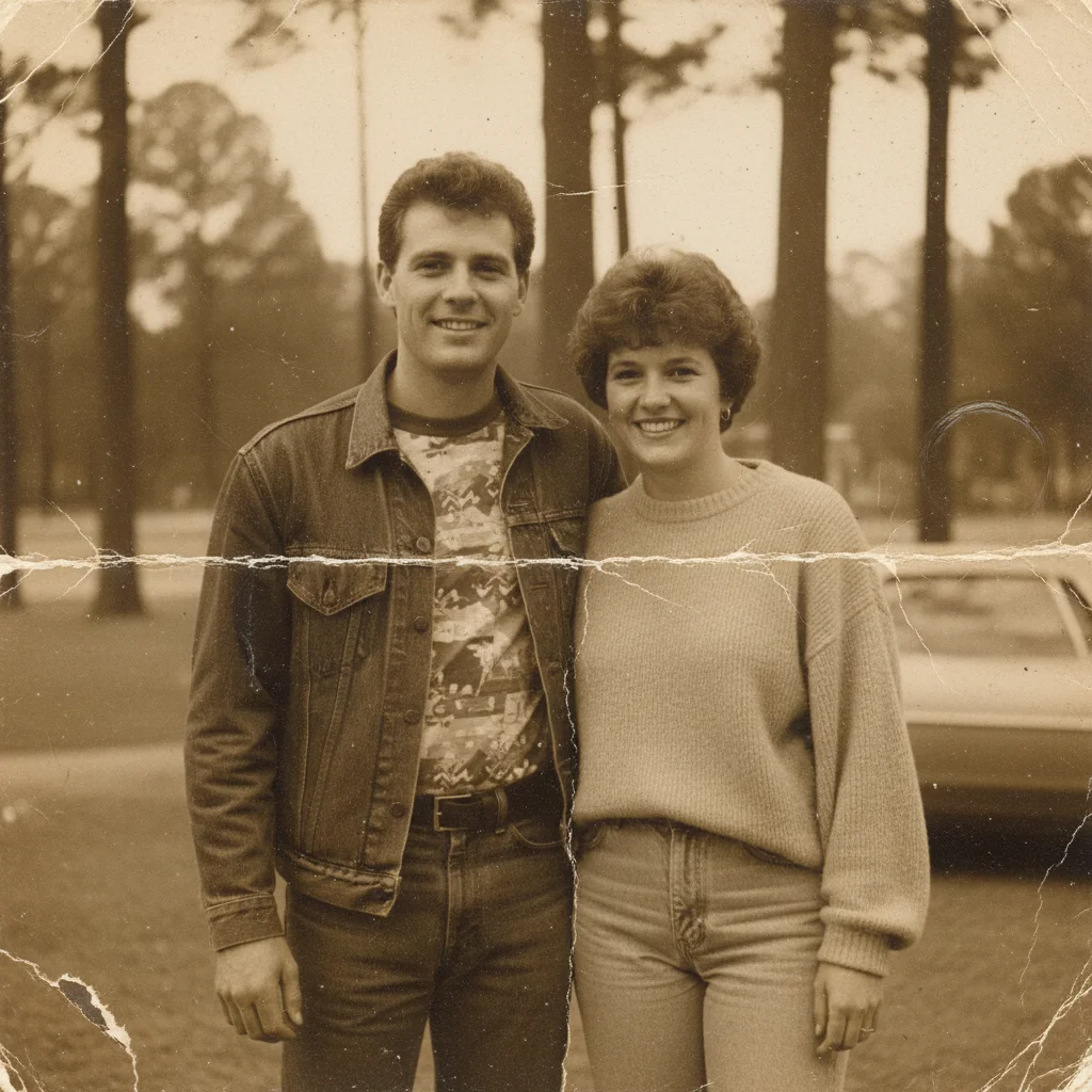 Yellowed dating photo with creases and fading from wallet storage