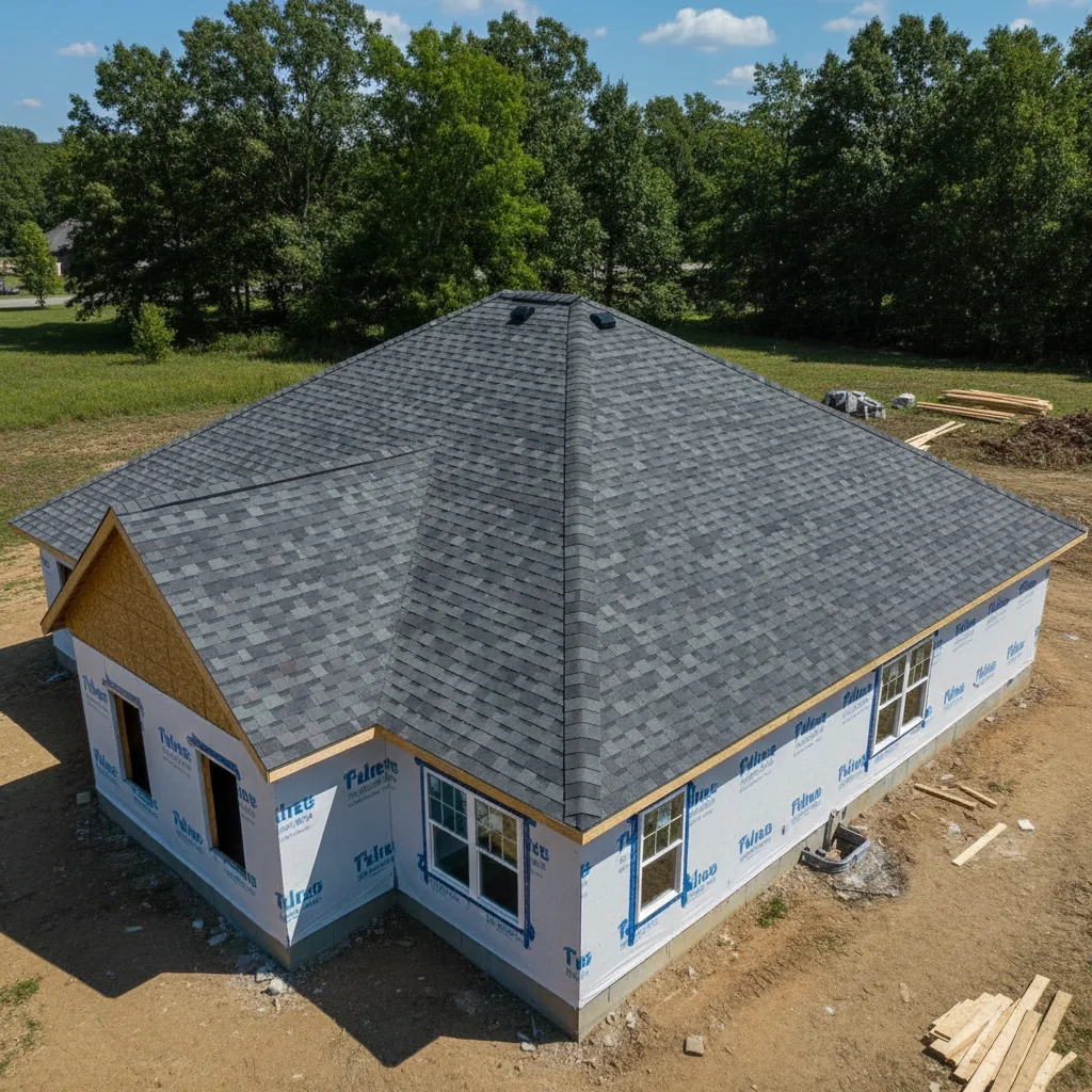 Same house with new slate-gray architectural shingles applied from contractor's swatch