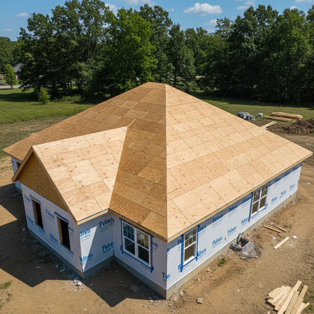 Two-story house with aging dark brown asphalt shingle roof