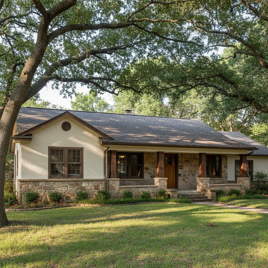 Craftsman ranch house with dark charcoal three-tab asphalt shingles